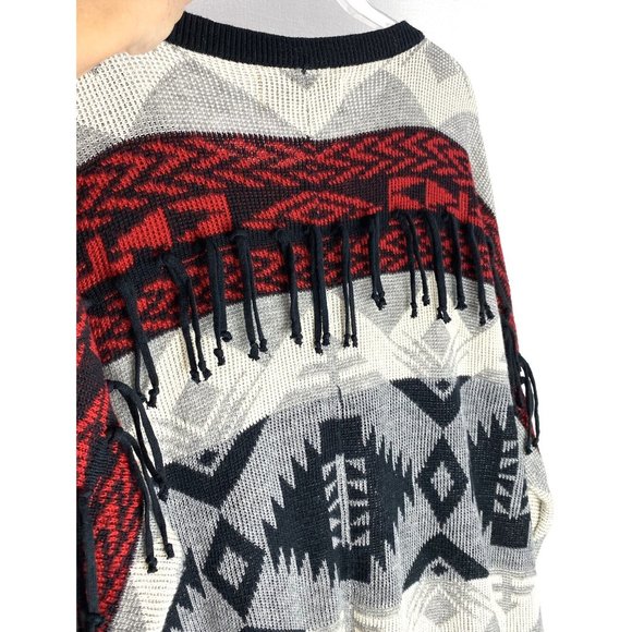 VINTAGE HAVANA Fringed Tribal Aztec Boho Sesign woman Sweater Charcoal- Red S - Picture 6 of 12